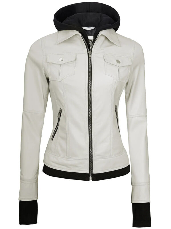 Womens Off White Motorcycle Leather Jacket with Hood - Image 7