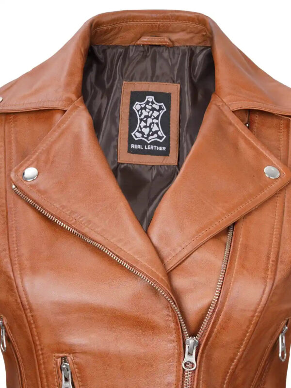 Elisa Womens Light Brown Asymmetrical Motorcycle Leather Jacket - Image 5
