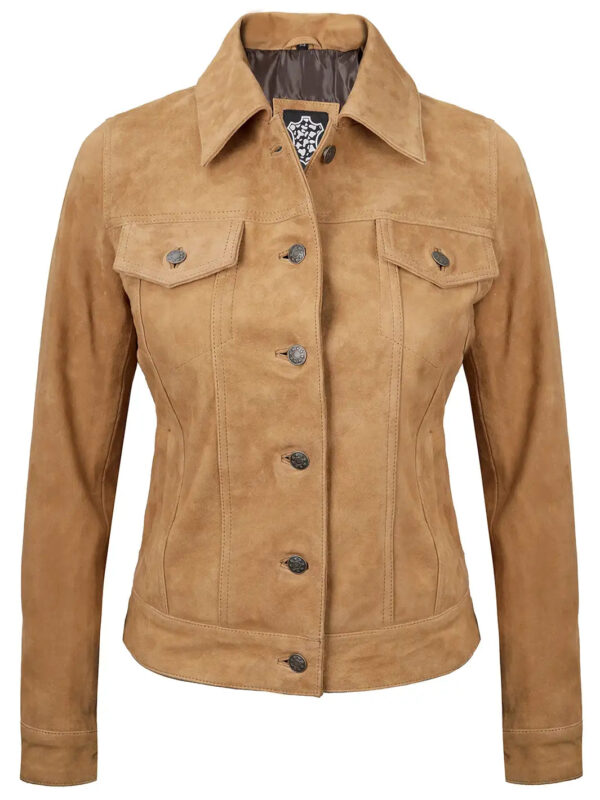 Women's Light Tan Suede Trucker Jacket - Image 5