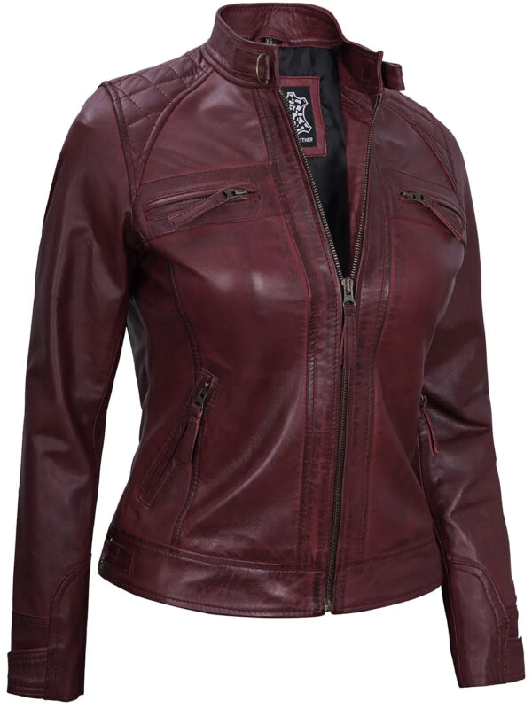 Johnson Women's Maroon Quilted Cafe Racer Leather Jacket - Image 5