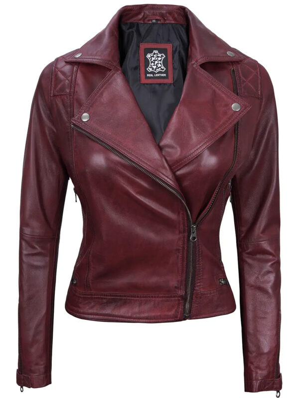 Kimberley Women's Asymmetrical Maroon Quilted Moto Leather Jacket - Image 3