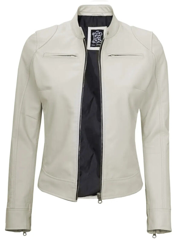 Dodge Women's Off White Cafe Racer Motorcycle Leather Jacket - Image 4