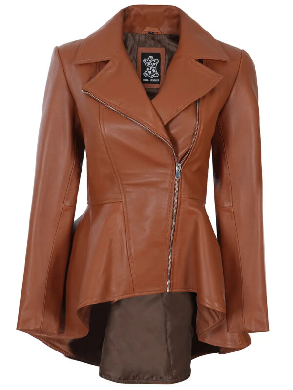 Clarissa Womens Cognac Wax Peplum Leather Jacket - Image 4