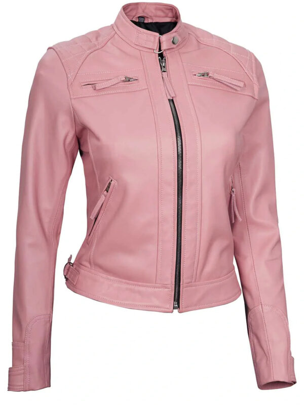 Johnson Women Pink Quilted Cafe Racer Leather Jacket - Image 5