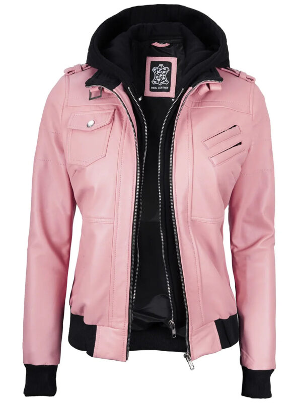 Edinburgh Pink Leather Bomber Jacket With Hood - Image 7