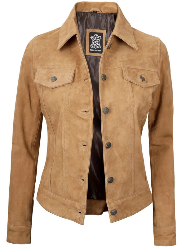 Women's Light Tan Suede Trucker Jacket - Image 4