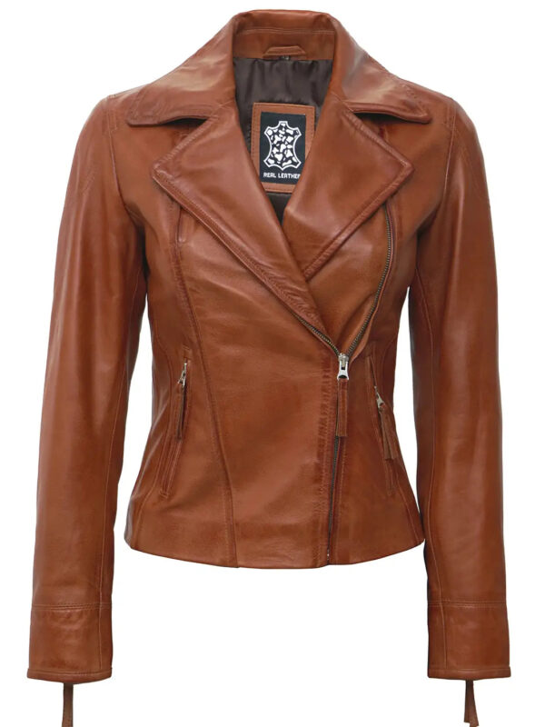 Ramsey Womens Asymmetrical Tan Motorcycle Leather Jacket - Image 3