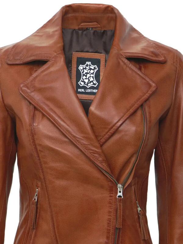 Ramsey Womens Asymmetrical Tan Motorcycle Leather Jacket - Image 4