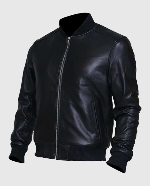 Men's Black Sheepskin Leather Varsity Bomber Jacket - Image 3