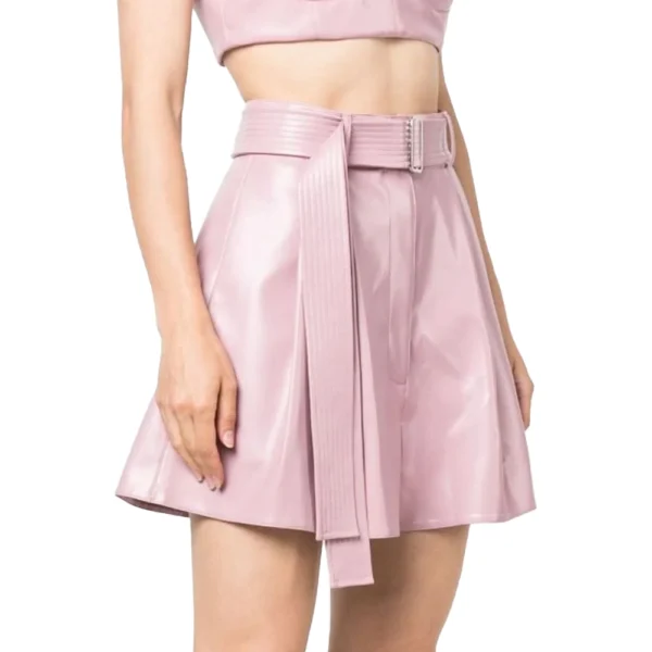 Pink Leather High Waisted Belted Shorts