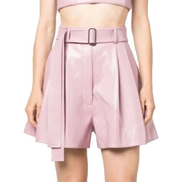 Pink Leather High Waisted Belted Shorts - Image 2