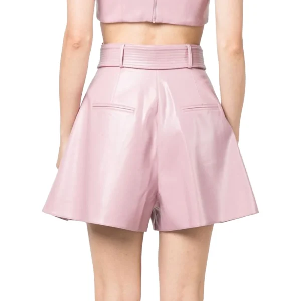 Pink Leather High Waisted Belted Shorts - Image 4