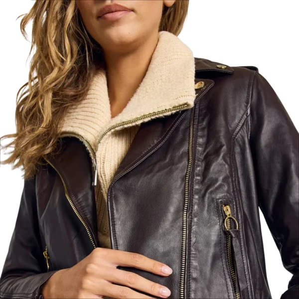 Laura Asymmetrical Motorcycle Dark Brown Leather Jacket - Image 4