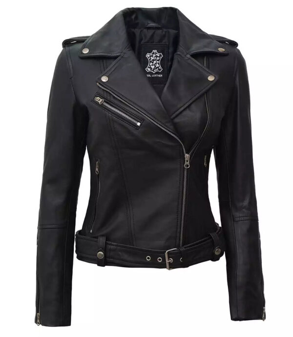 Womens Black Asymmetrical Biker Leather Jacket - Image 3