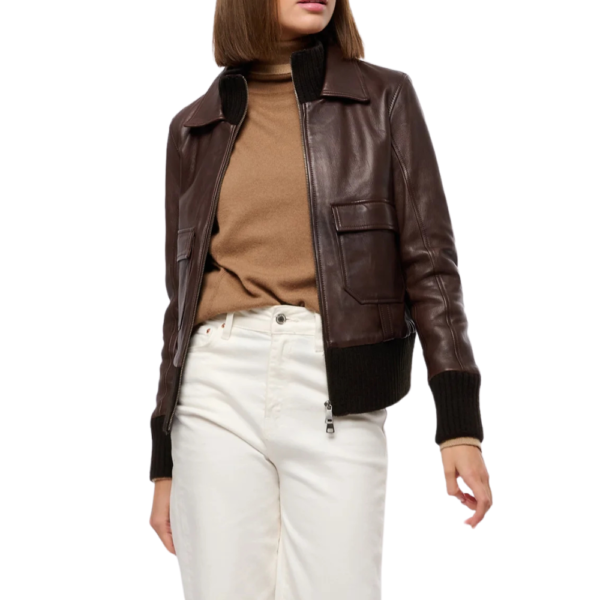 Womens Real Aviator Brown Leather Bomber Jacket - Image 2