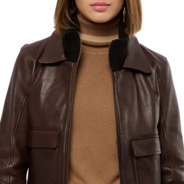 Womens Real Aviator Brown Leather Bomber Jacket - Image 3