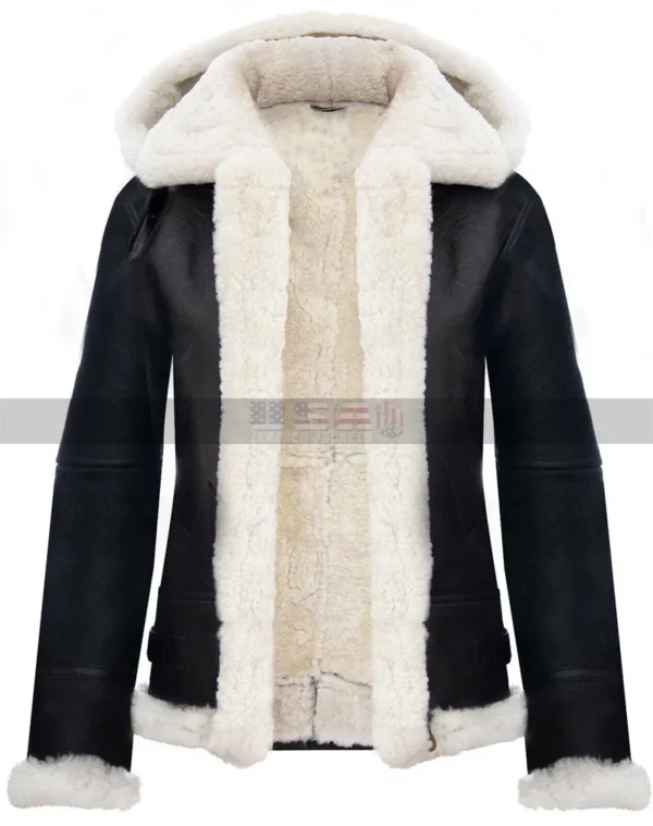 RAF Sheepskin Aviator Flying Pilot Hooded Women’s B3 Black Leather Jacket - Image 2