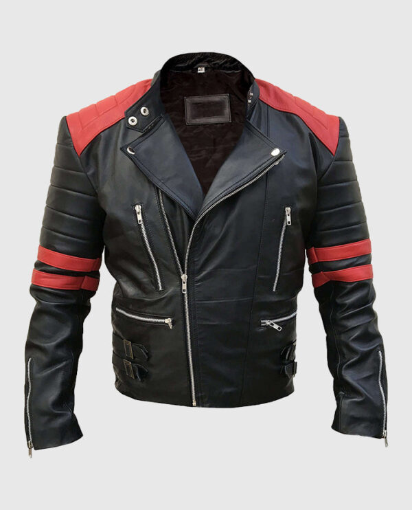 Men's Vintage Red Stripes Motorcycle Leather Jacket