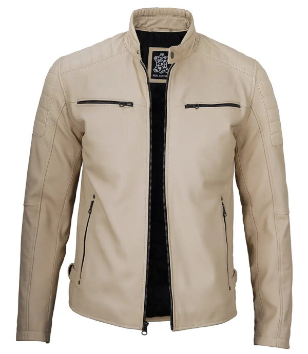 Felix Beige Cafe Racer Leather Jacket - Image 3