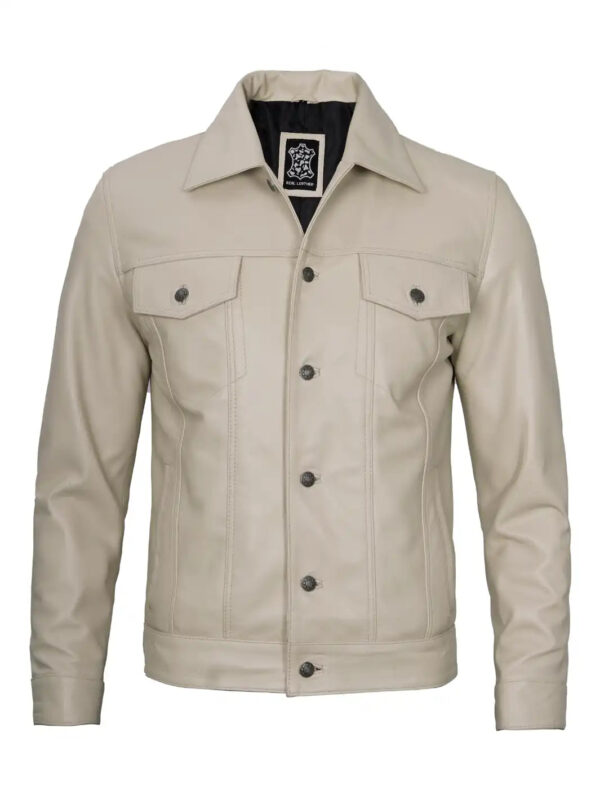 Fernando Men's Beige Real Leather Trucker Jacket - Image 3