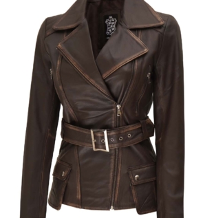 beltedbrownleatherjacketwomen