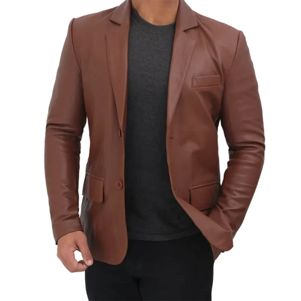 Albion Men’s Two Buttoned Brown Leather Blazer - Image 3