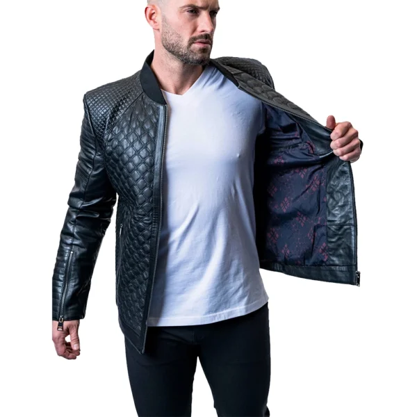 Mens Textured Black Crocodile Leather Jacket​ - Image 7