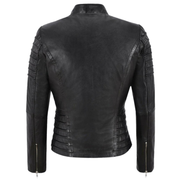 Women’s Black Leather Moto Slim Fit Jacket - Image 4