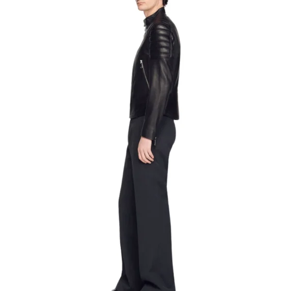 Black Leather Jacket Mens With Quilted Shoulders - Image 5