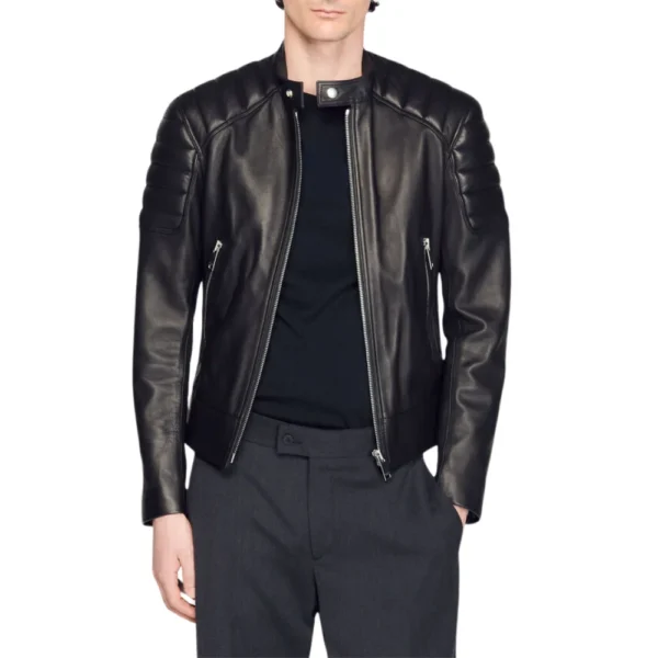 Black Leather Jacket Mens With Quilted Shoulders - Image 3