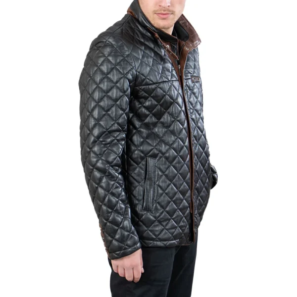 Mens Black Quilted Leather Car Coat - Image 5