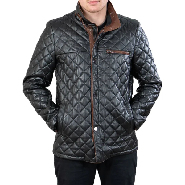 Mens Black Quilted Leather Car Coat - Image 3