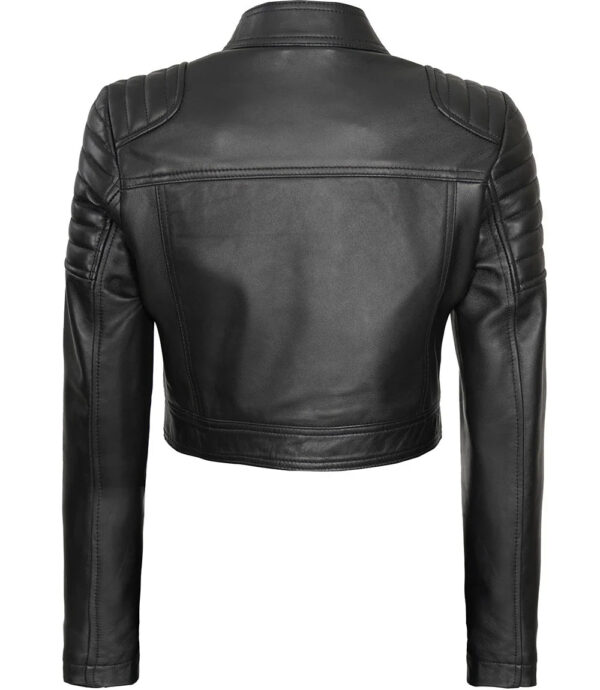 Women's Black Cropped Leather Moto Jacket - Image 2