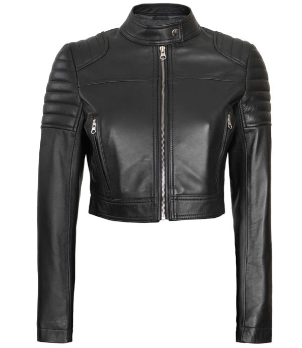 Women's Black Cropped Leather Moto Jacket - Image 4