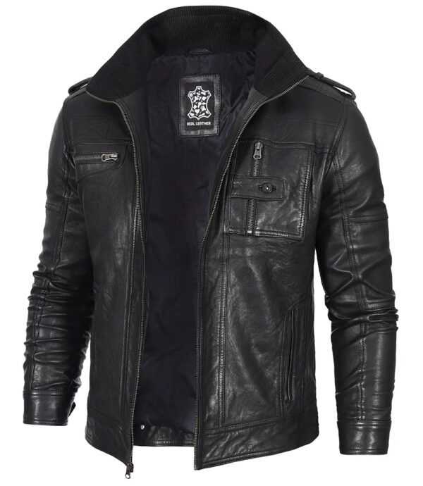 Tavares Mens Distressed Black Leather Biker Jacket