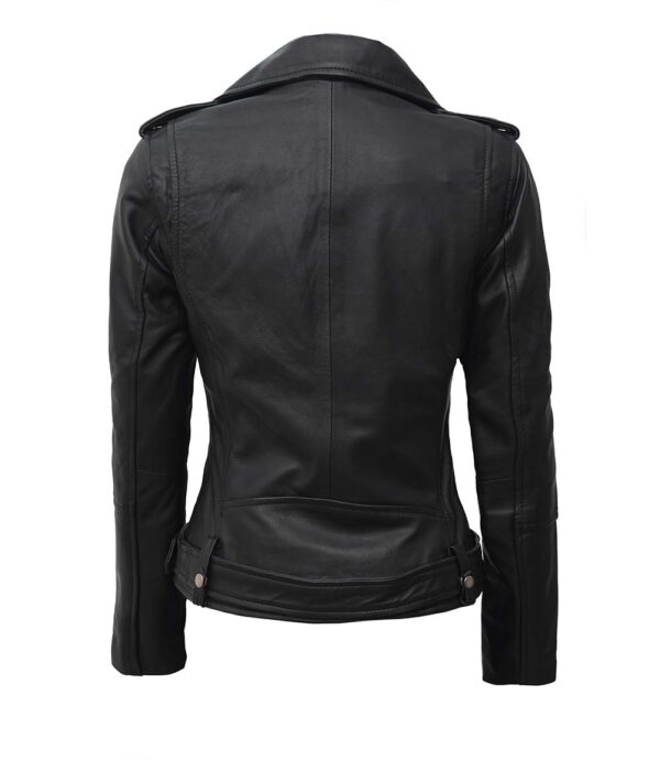 Womens Black Asymmetrical Biker Leather Jacket - Image 2