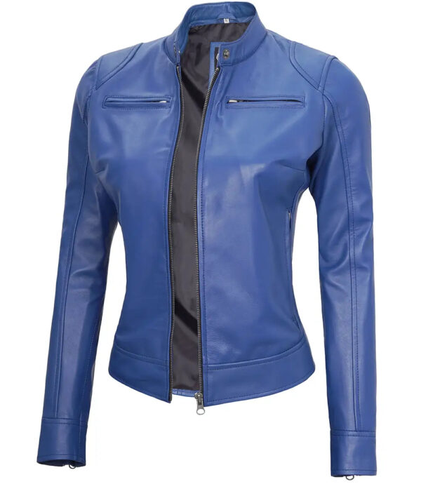 Dodge Women's Blue Leather Cafe Racer Motorcycle Jacket