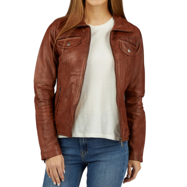 Women’s Brown Color Leather Trucker Jacket - Image 3