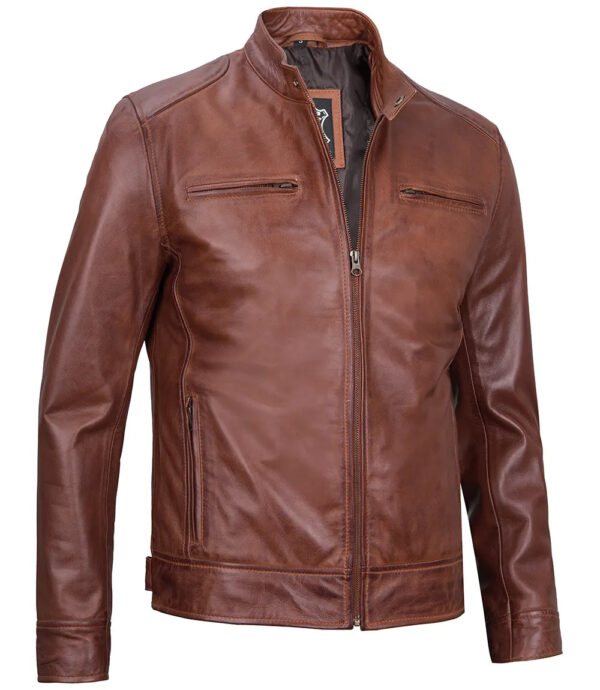 Dodge Tall Mens Cognac Cafe Racer Leather Jacket - Image 4