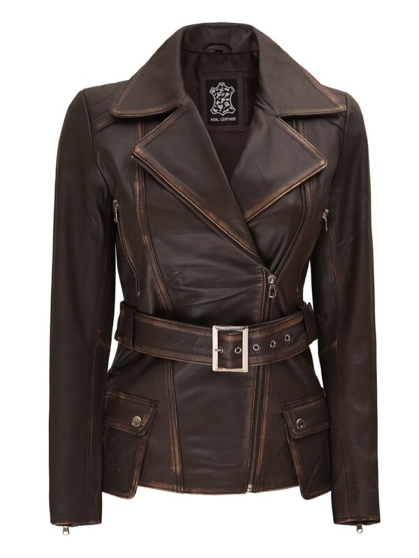 Women's Distressed Brown Leather BIker Jacket - Image 3