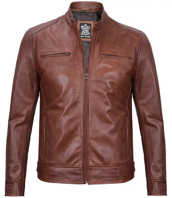 Dodge Tall Mens Cognac Cafe Racer Leather Jacket - Image 3