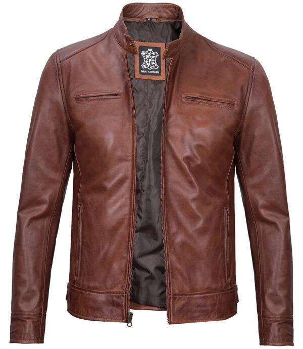 Dodge Tall Mens Cognac Cafe Racer Leather Jacket - Image 5
