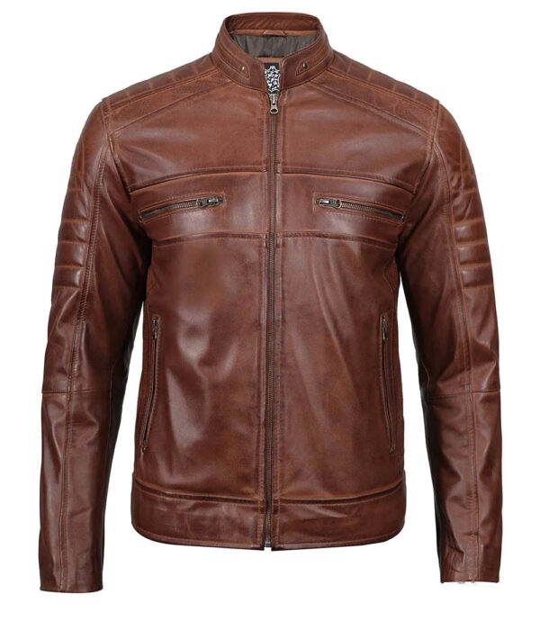 Austin Men Cognac Cafe Racer Leather Jacket - Image 5