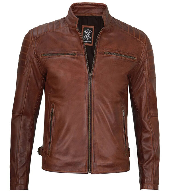 Felix Cognac Brown Cafe Racer Leather Jacket - Image 5