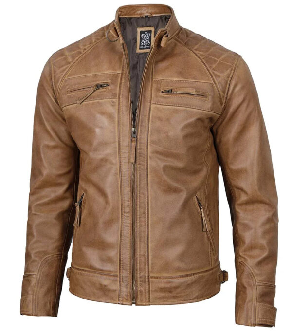 Diamond Men's Distressed Camel Brown Cafe Racer Leather Jacket - Image 6