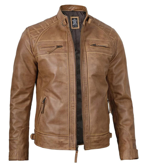 Diamond Men's Distressed Camel Brown Cafe Racer Leather Jacket - Image 5