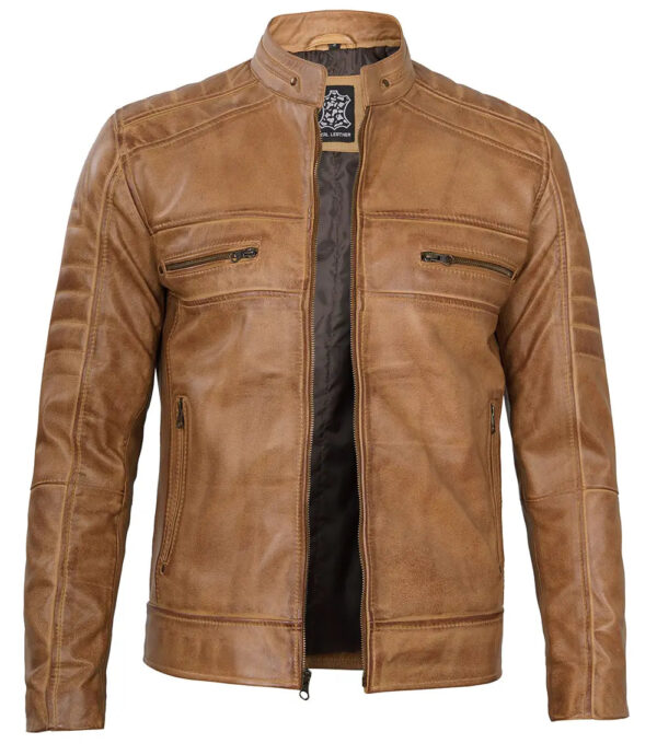 Austin Mens Distressed Tan Cafe Racer Real Leather Jacket - Image 3