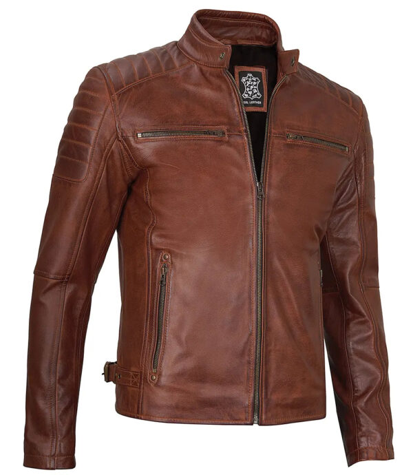 Felix Cognac Brown Cafe Racer Leather Jacket - Image 4