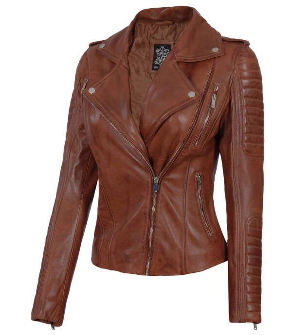 Bagheria Women Cognac Biker Leather Jacket With Removable Hood - Image 3