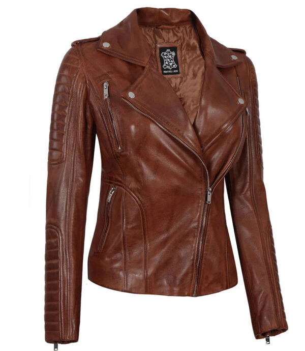 Bagheria Women Cognac Biker Leather Jacket With Removable Hood - Image 4